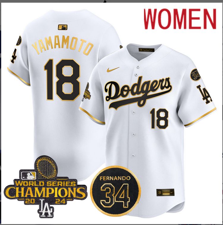 Women MLB Los Angeles Dodgers #18 Yamamoto white 2024 World Series Champions Patch Limited Jersey style 5